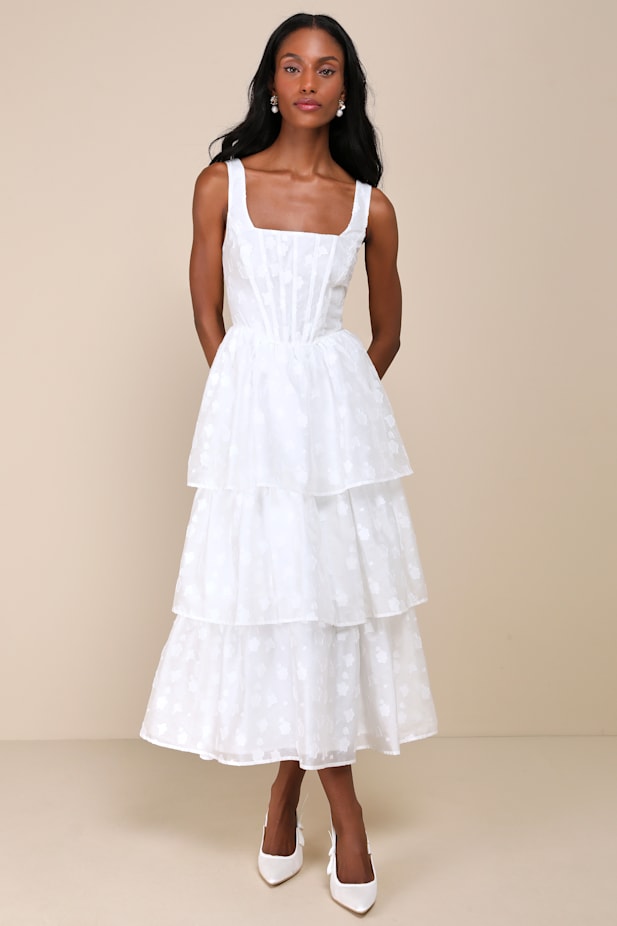 Sweet Potential White Floral Burnout Tiered Midi Dress