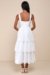 Sweet Potential White Floral Burnout Tiered Midi Dress