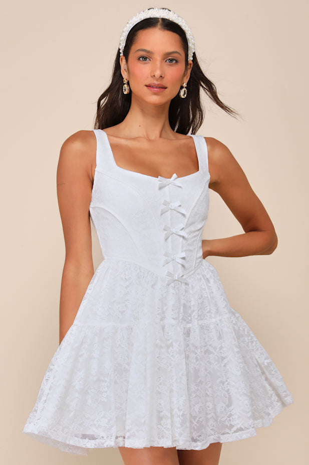 Truly Flawless White Lace Sleeveless Bow Bustier Mini Dress