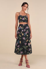 Sweet At Heart Black Floral Embroidered Two-Piece Midi Dress