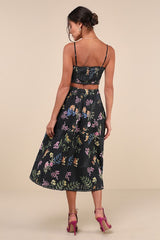 Sweet At Heart Black Floral Embroidered Two-Piece Midi Dress