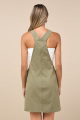 Cutest Spirit Olive Green Twill Overall Mini Dress With Pockets