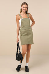 Cutest Spirit Olive Green Twill Overall Mini Dress With Pockets