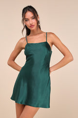 Sincerest Elegance Emerald Satin Cowl Back Bow Mini Dress