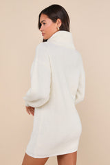 Casual Coziness Ivory Waffle Knit Cowl Neck Sweater Dress