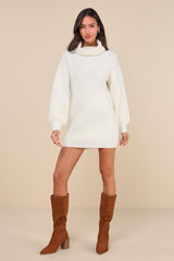 Casual Coziness Ivory Waffle Knit Cowl Neck Sweater Dress