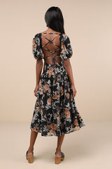 Fawning Favorite Black Floral Lace Tiered Lace-Up Midi Dress