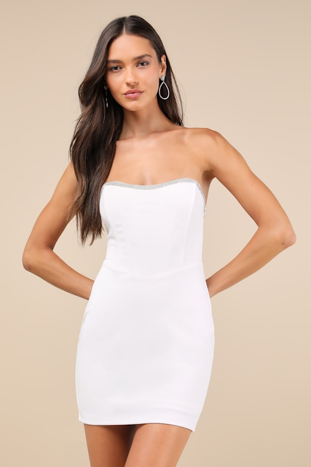 Sparkly Finesse White Rhinestone Strapless Bustier Mini Dress