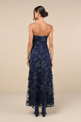Rare Presence Navy Blue 3D Floral Embroidered Maxi Dress