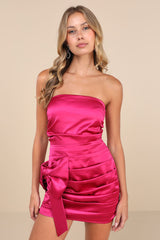 Major Event Fuchsia Satin Strapless Ruched Bow Mini Dress