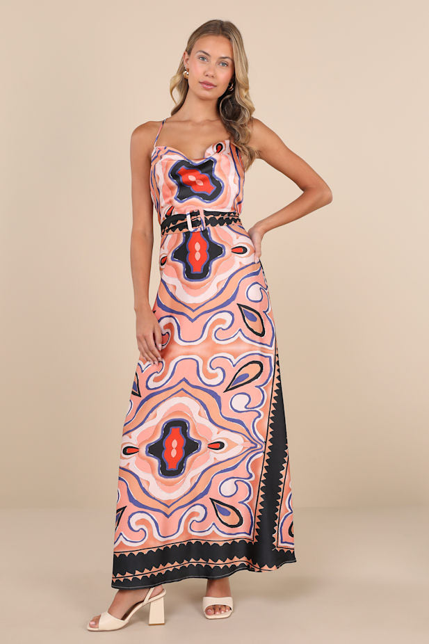 Rich Demeanor Pink Multi Abstract Backless Buckle Maxi Dress