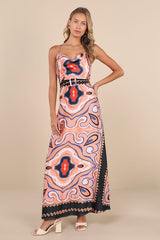 Rich Demeanor Pink Multi Abstract Backless Buckle Maxi Dress