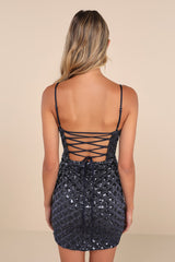 Shimmering Vibes Navy Blue Lurex Sequin Lace-Up Mini Dress