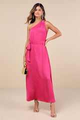 Goddess Aura Fuchsia Satin One-Shoulder Maxi Dress