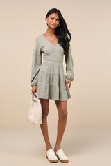 Adorable Option Heather Green Long Sleeve Mini Sweater Dress