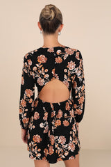 Darling Simplicity Black Floral Linen Cutout Mini Dress