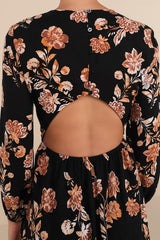 Darling Simplicity Black Floral Linen Cutout Mini Dress
