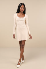Definitely Sweet Beige Scalloped Long Sleeve Mini Sweater Dress