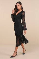 Perfect Tendencies Black Lace Button-Front Midi Dress