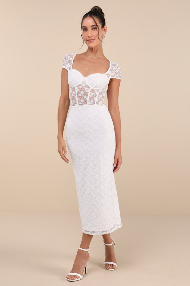 Flirtatious Presence White Sheer Lace Bustier Midi Dress