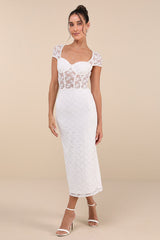 Flirtatious Presence White Sheer Lace Bustier Midi Dress