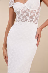 Flirtatious Presence White Sheer Lace Bustier Midi Dress