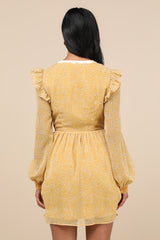 Posh Impression Yellow Floral Print Tie Neck Mini Dress