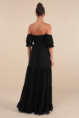 Exceptionally Gorgeous Black Chiffon Off-the-Shoulder Maxi Dress