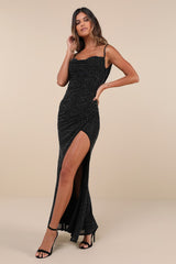 Luxe Endeavor Black Mesh Rhinestone Cowl Maxi Dress