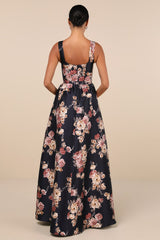 Elegant Pick Navy Blue Floral Sleeveless Bustier Maxi Dress