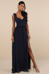 Radiant Charisma Navy Chiffon Ruched Tie-Strap Maxi Dress