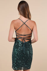 Keep Glowing Dark Green Sequin Lace-Up Bodycon Mini Dress