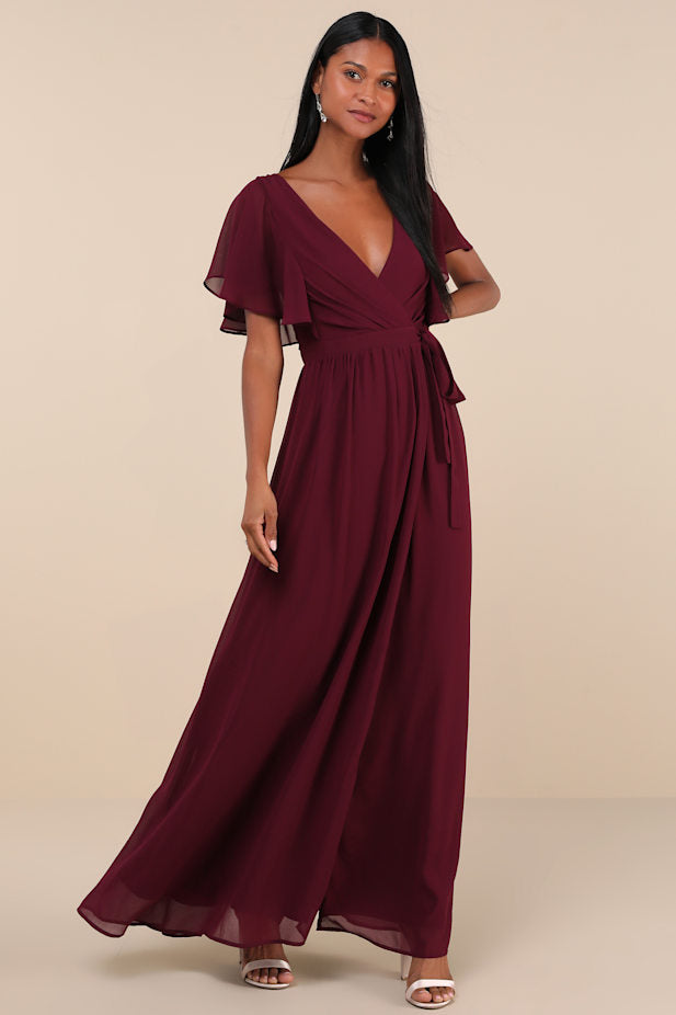 Convincing Grace Burgundy Flutter Sleeve Wrap Maxi Dress