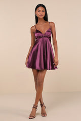 Happily Yours Plum Purple Satin Skater Mini Dress
