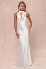 Gorgeous Vow White Satin Mock Neck Cowl Mermaid Maxi Dress