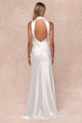 Gorgeous Vow White Satin Mock Neck Cowl Mermaid Maxi Dress