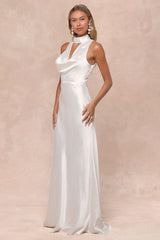 Gorgeous Vow White Satin Mock Neck Cowl Mermaid Maxi Dress