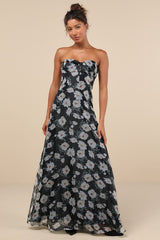 Chic Preciousness Black Floral Organza Bustier Maxi Dress