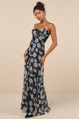 Chic Preciousness Black Floral Organza Bustier Maxi Dress