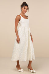 Immaculate Elegance Cream Jacquard Lace-Up Midi Dress