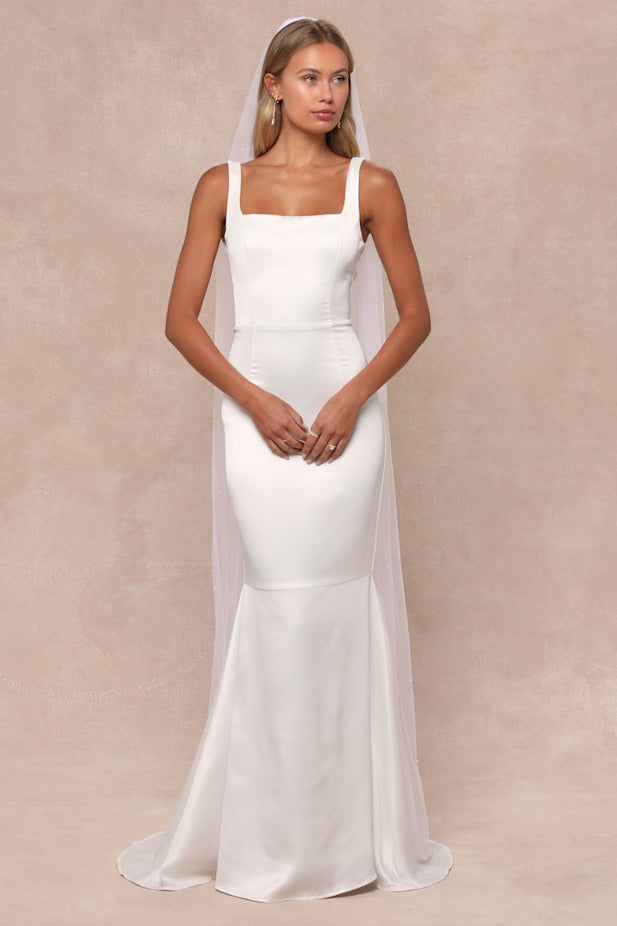 Luxe Loveliness White Satin Backless Mermaid Maxi Dress