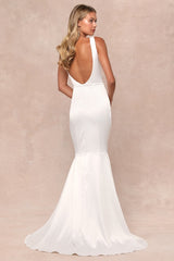 Luxe Loveliness White Satin Backless Mermaid Maxi Dress
