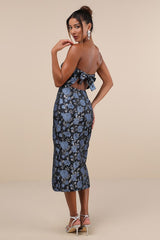 Beloved Belle Black Multi Jacquard Strapless Bow Midi Dress