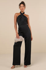 Beyond Classy Black Satin Halter Wide-Leg Jumpsuit