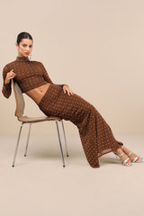 Incomparable Shine Brown Mesh Rhinestone Two-Piece Maxi Dress