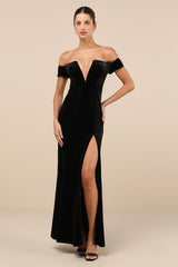 Captivating Silhouette Black Velvet Off-the-Shoulder Maxi Dress