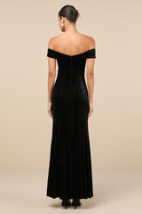 Captivating Silhouette Black Velvet Off-the-Shoulder Maxi Dress