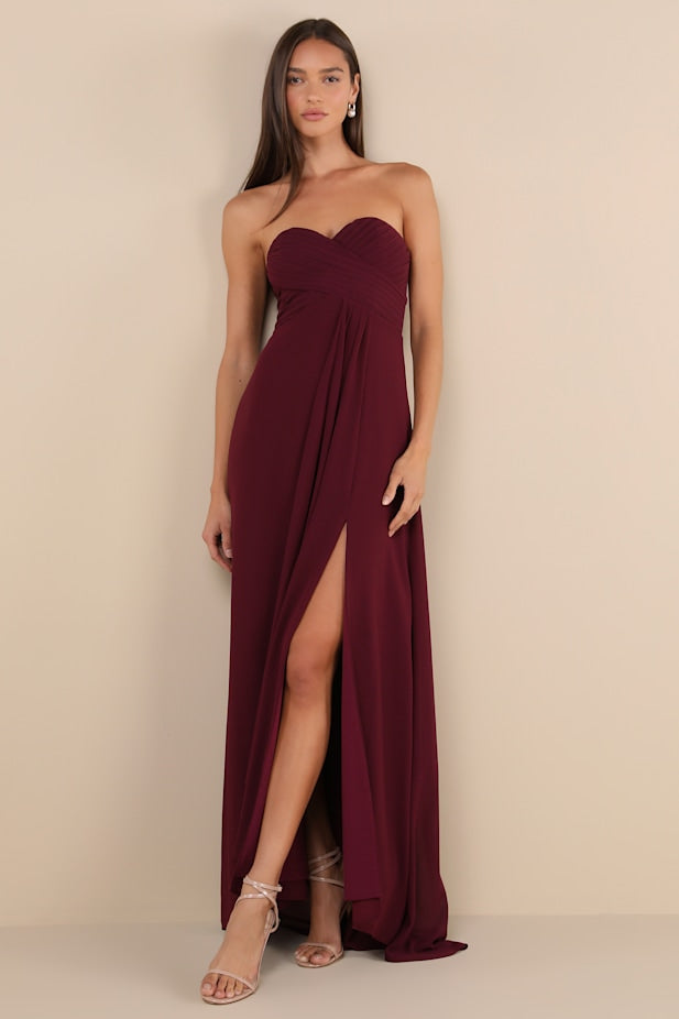 Splendid Aura Plum Purple Chiffon Pleated Strapless Maxi Dress