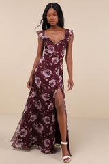 Sweetest Entrance Plum Purple Floral Ruffled Tie-Back Maxi Dress