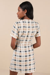 Uniquely Posh Beige Tweed Sequin Lurex Short Sleeve Mini Dress